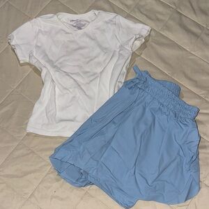 White Ribbed Crop Tee with Light Blue Elastic Waist Shorts